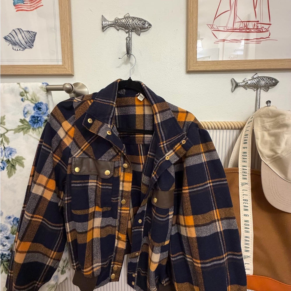 Plaid Utility Jacket with Snap Buttons – Navy & Mustard – Size 18/20